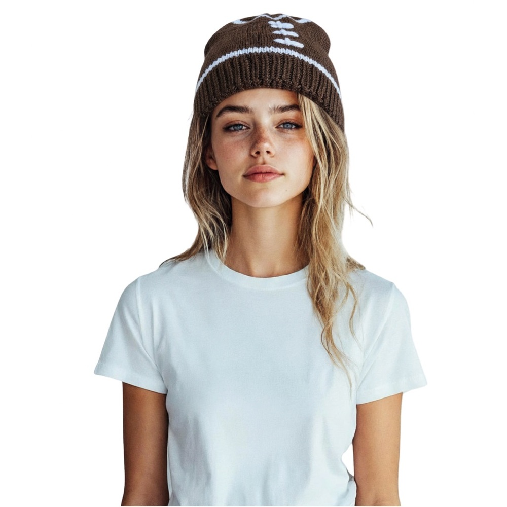 Fall Football Beanie Brown White Knit Beanie Adult One Size EUC